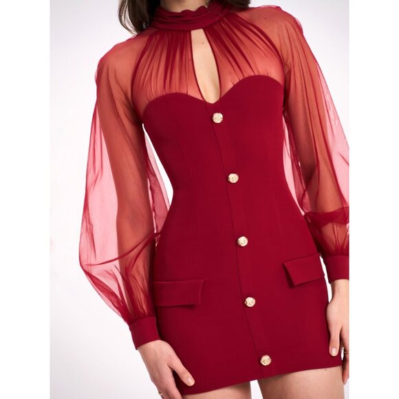 Tabi Red Mesh Sleeve Mini Dress - Picture 5 of 16